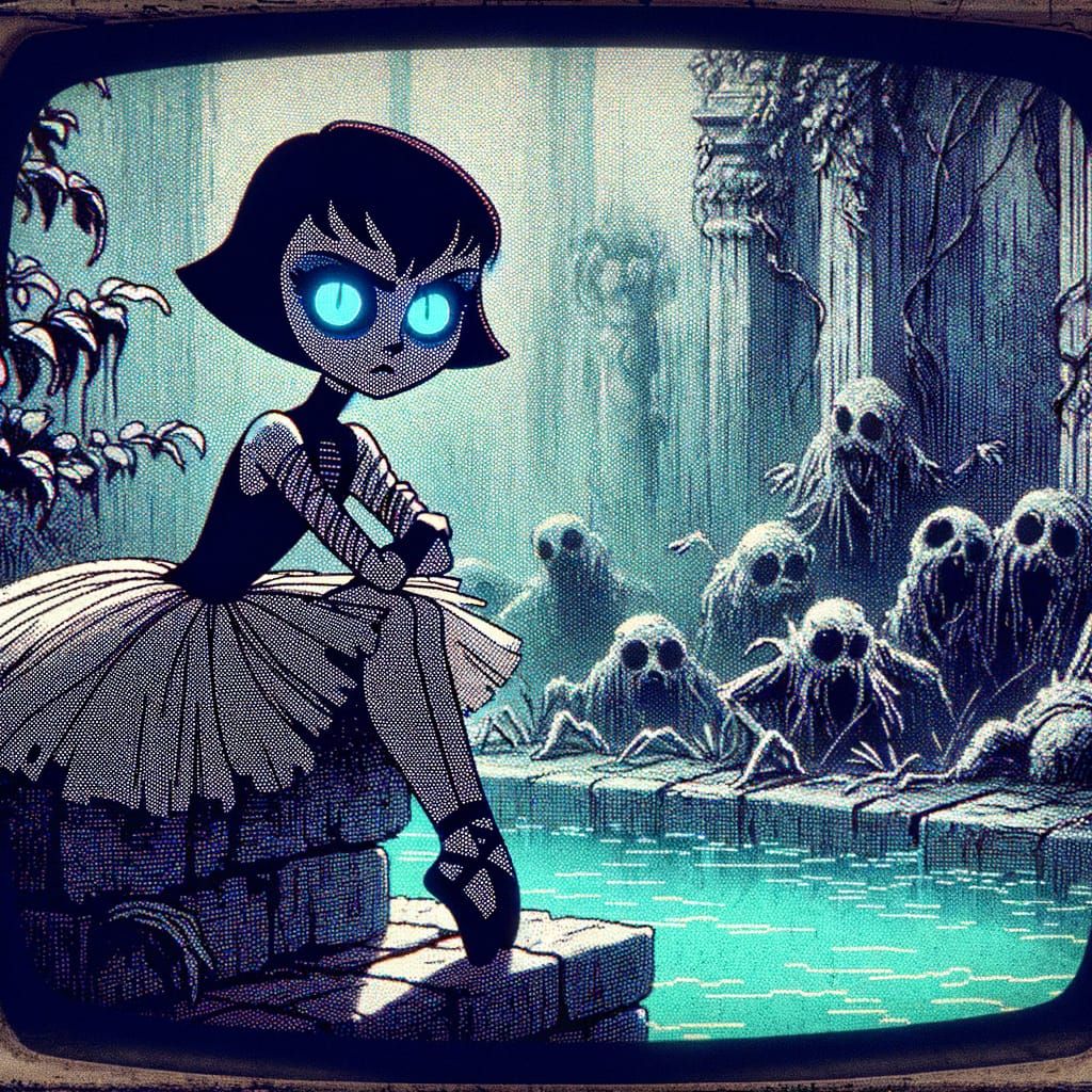 Three-Eyed Princess in Abandoned Garden, Dark Painterly Styl...