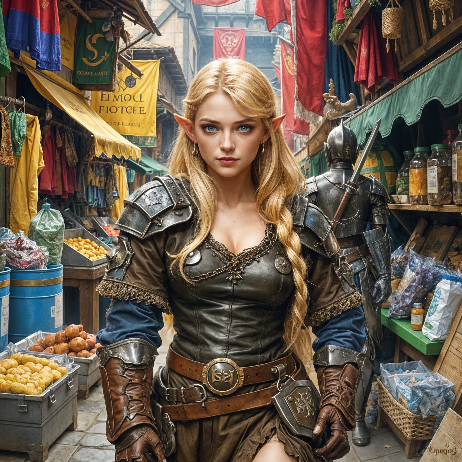 Elf Ranger in Medieval Village Marketplace