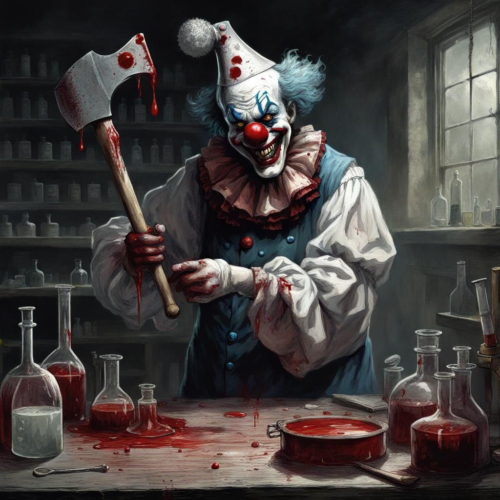 Axe-Wielding Horror Clown in Doré Style