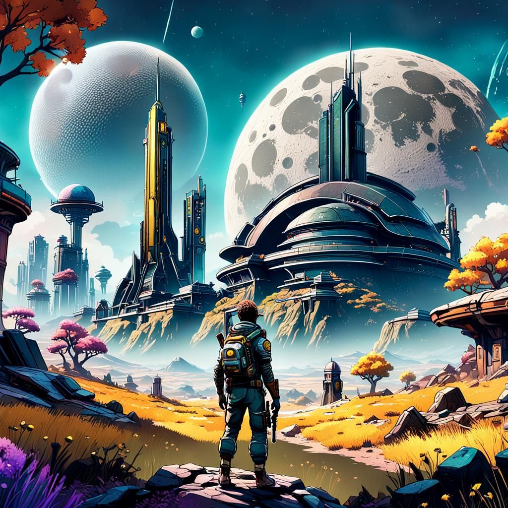 Colorful Video Game Landscape with Giant Moon