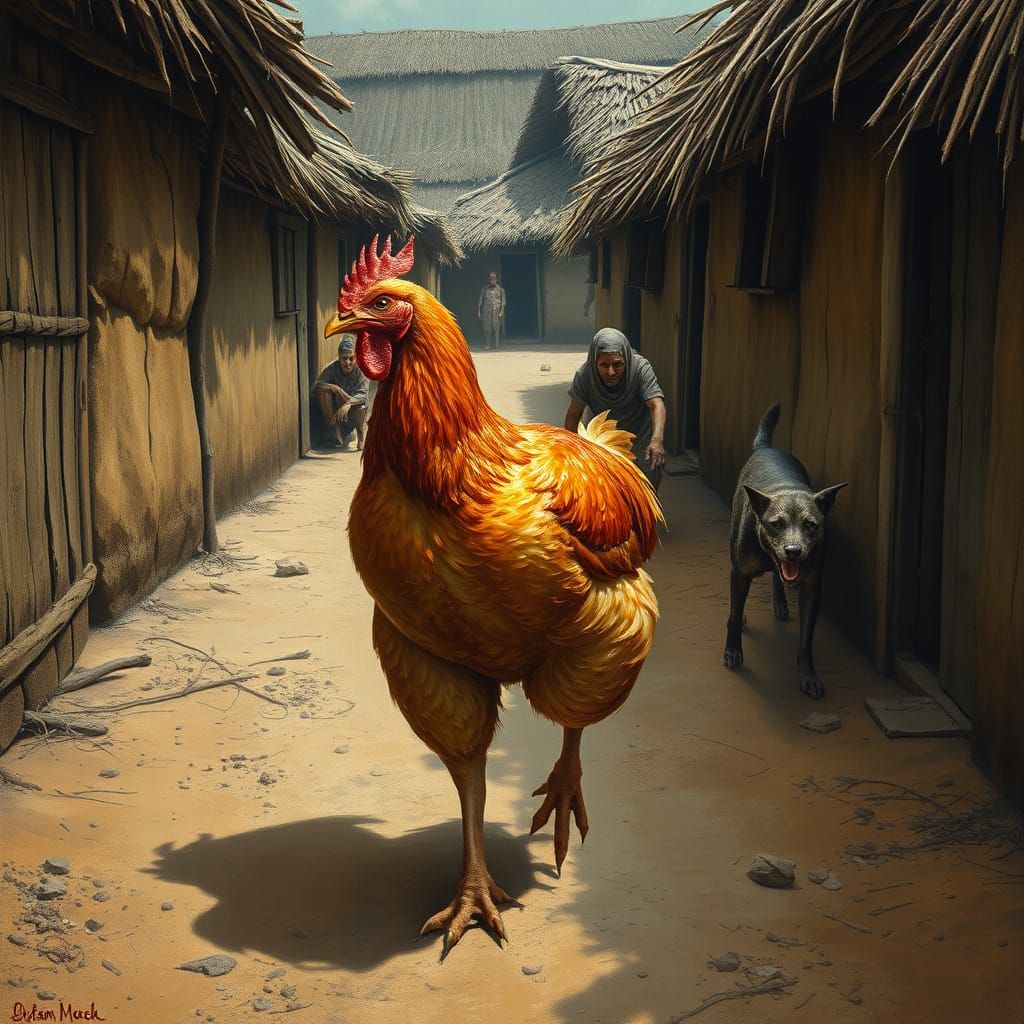 Roasted Chicken Walks Through Village in Dusty, Earthy Scene