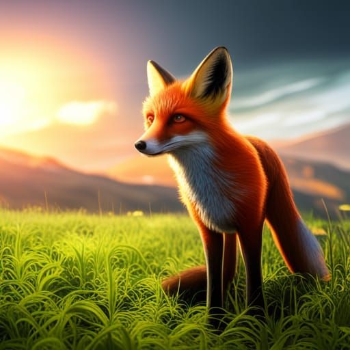Fox in Sunset Field: Detailed Matte Painting