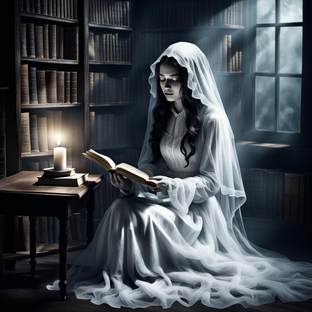 Ghosts Reading in a Haunted Library with Old Books