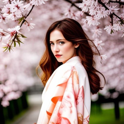 Woman in Kimono Surrounded by Cherry Blossoms
