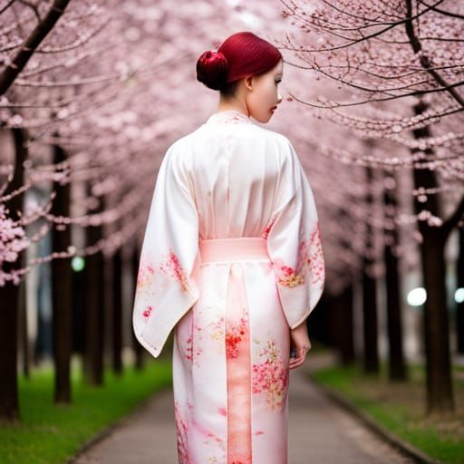 Woman in Kimono Amidst Cherry Blossoms