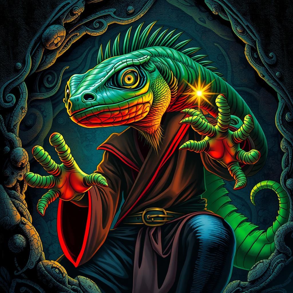 Sorcerer Transforms into Iguana in Psychedelic Art