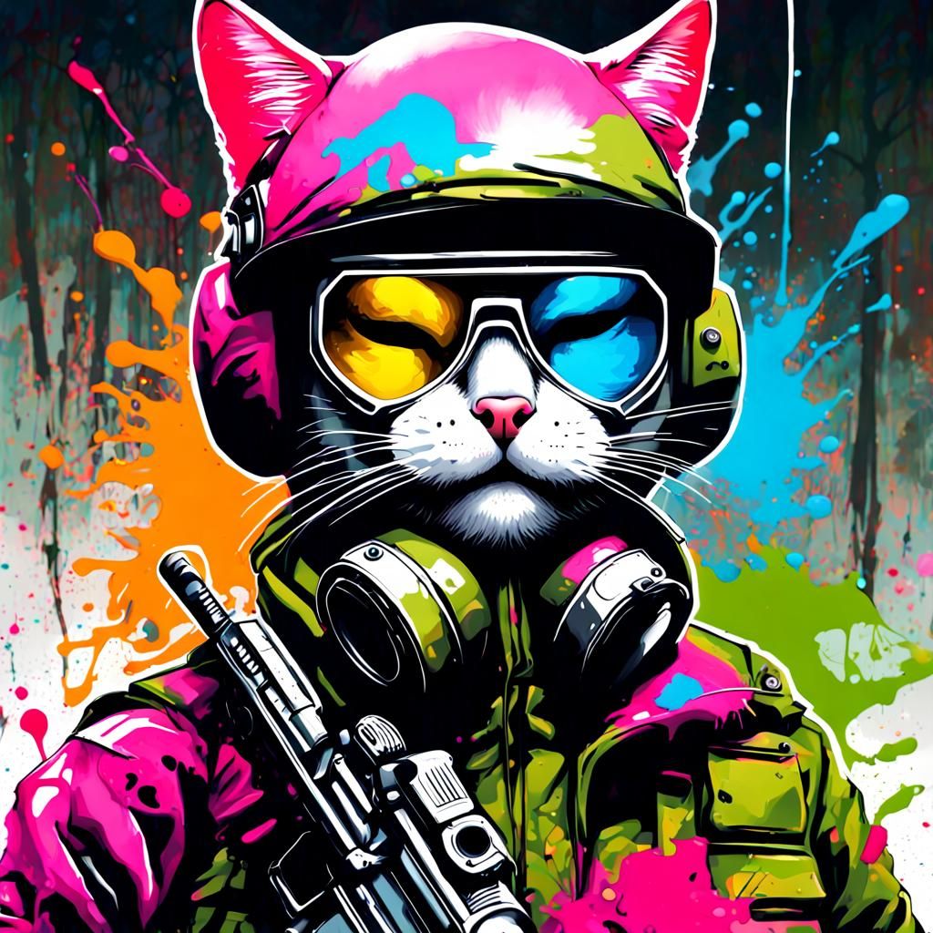 Soldier Cat with Mask in Graffiti Art Style