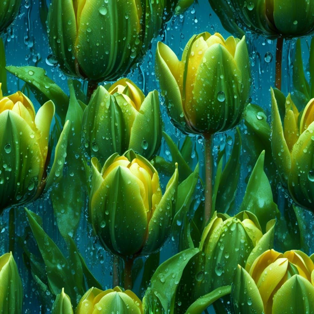 Hyperrealistic Green Tulips with Raindrops