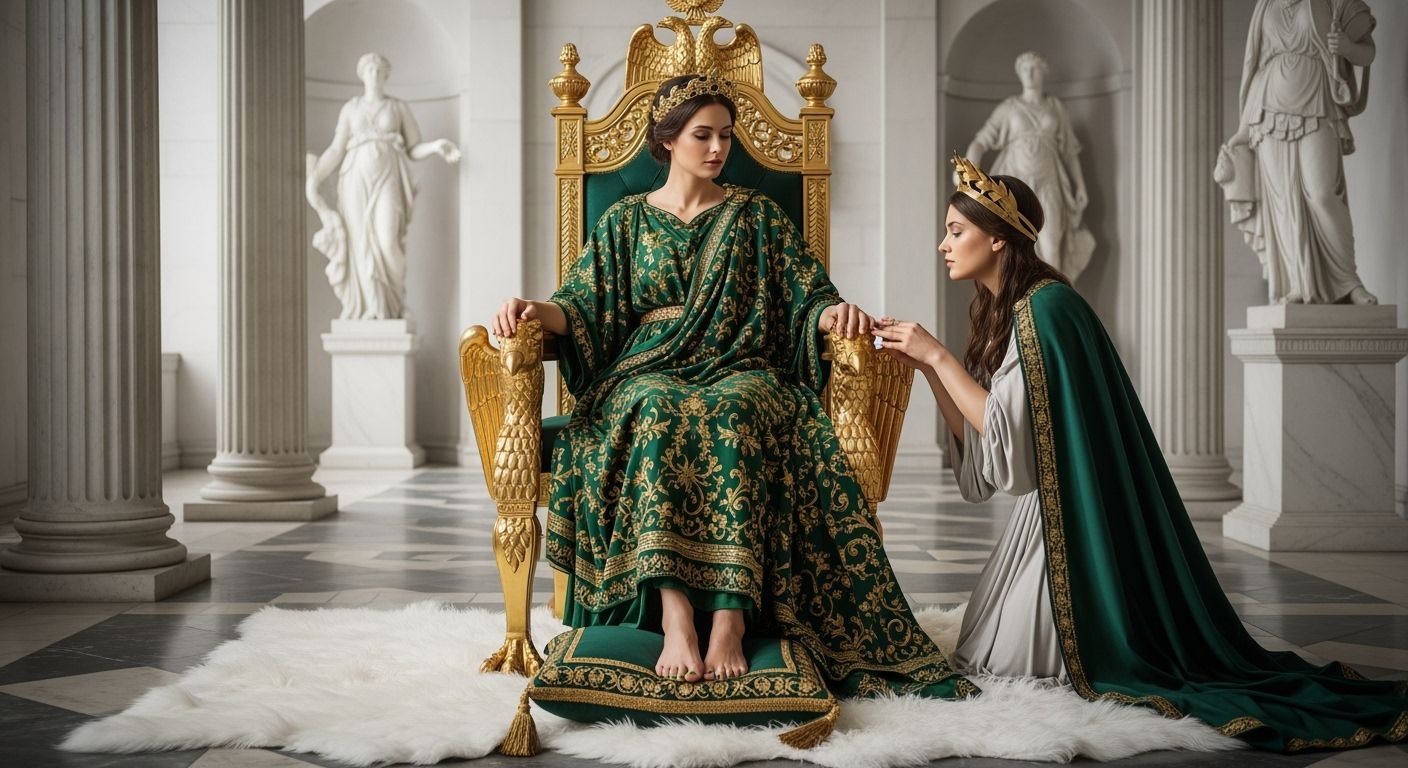 Regal Roman Empress on Gold Throne, Baroque Style