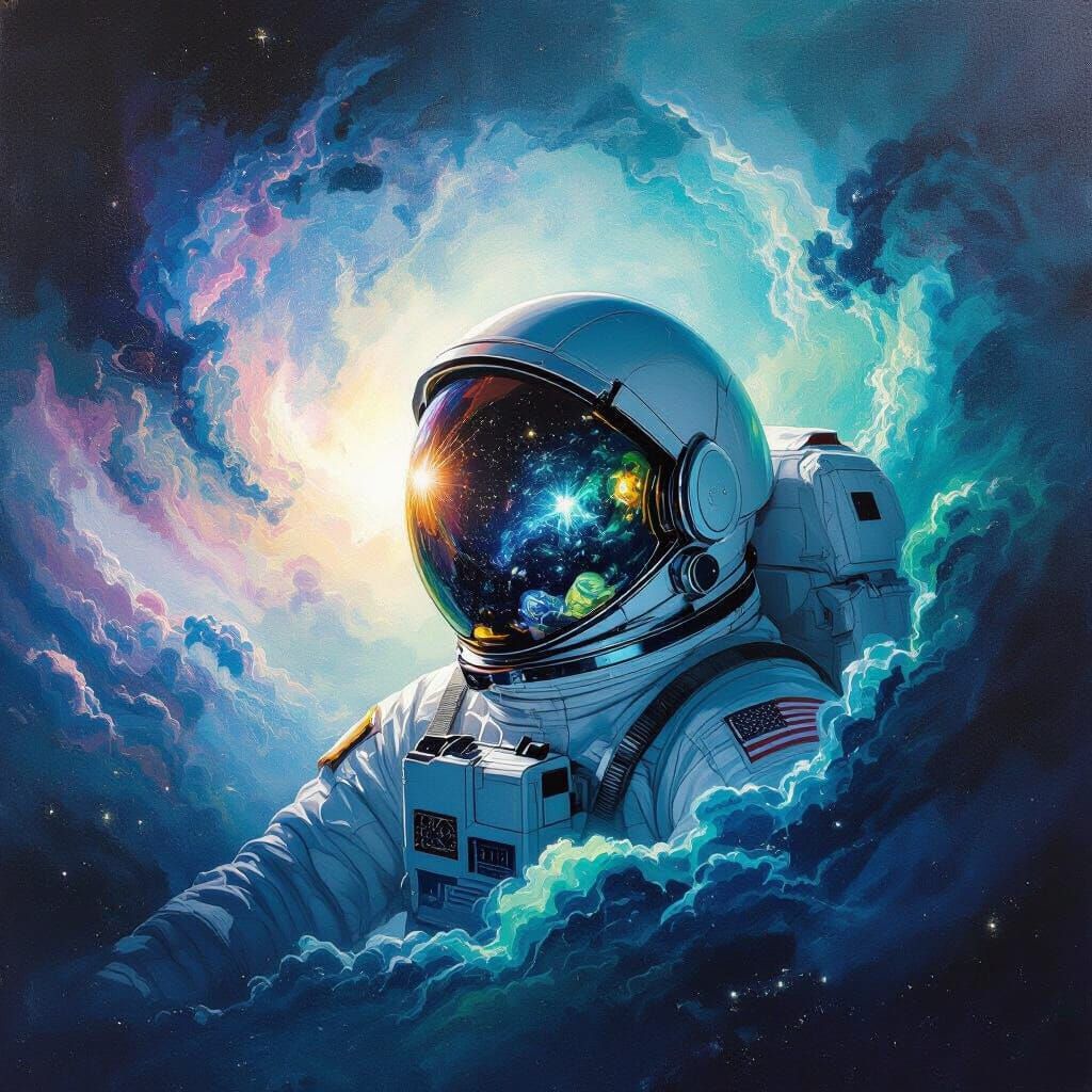 Astronaut Adrift in Swirling Nebula, Impasto Oil Painting St...