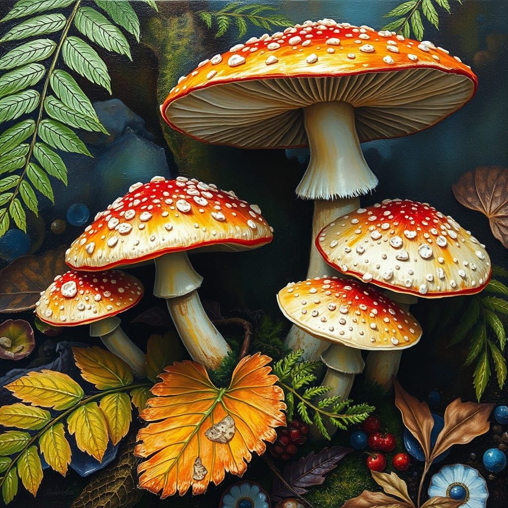 Vibrant Mycological Tapestry in Impressionist Oil-Guache