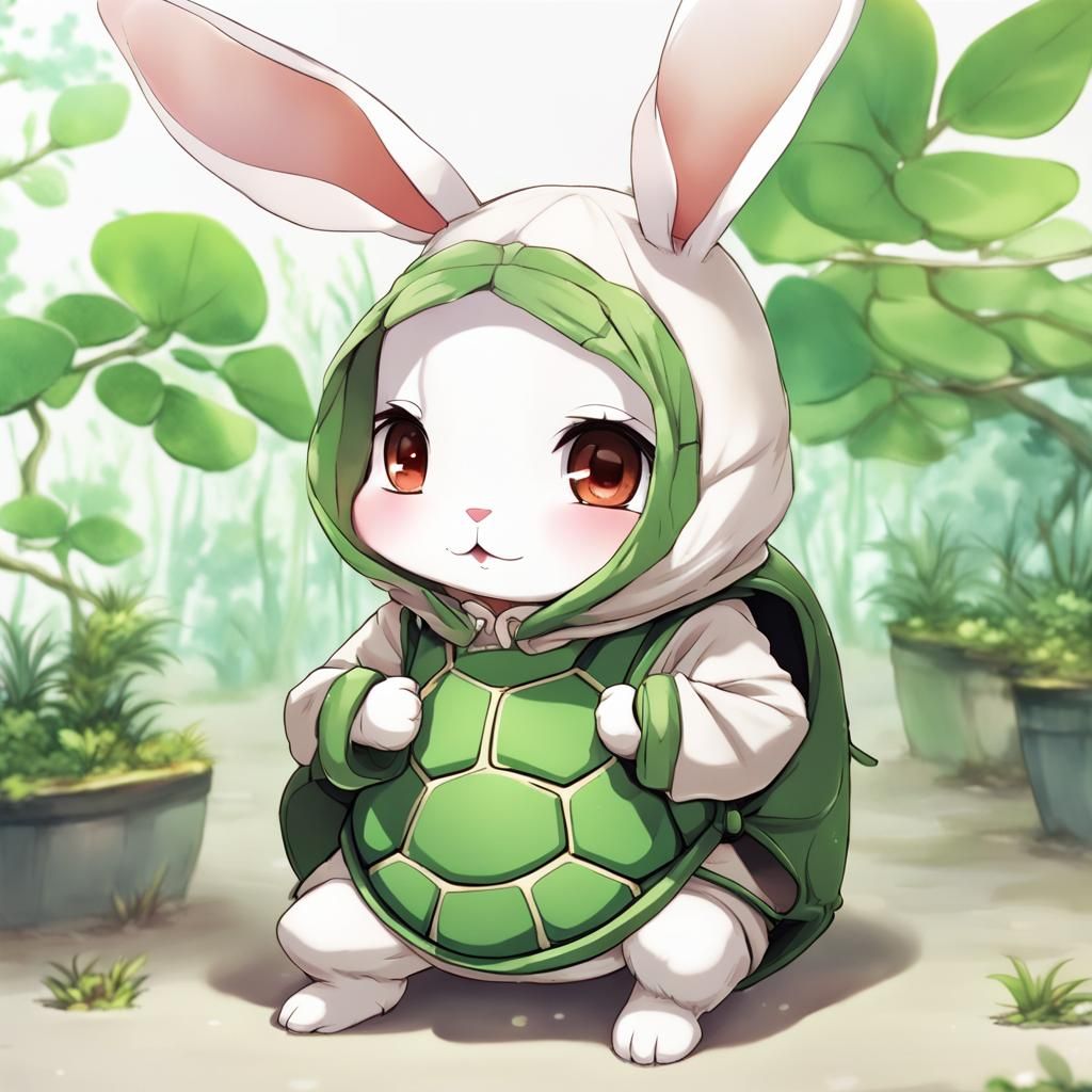 Cute Rabbit in Turtle Outfit: Anime Style