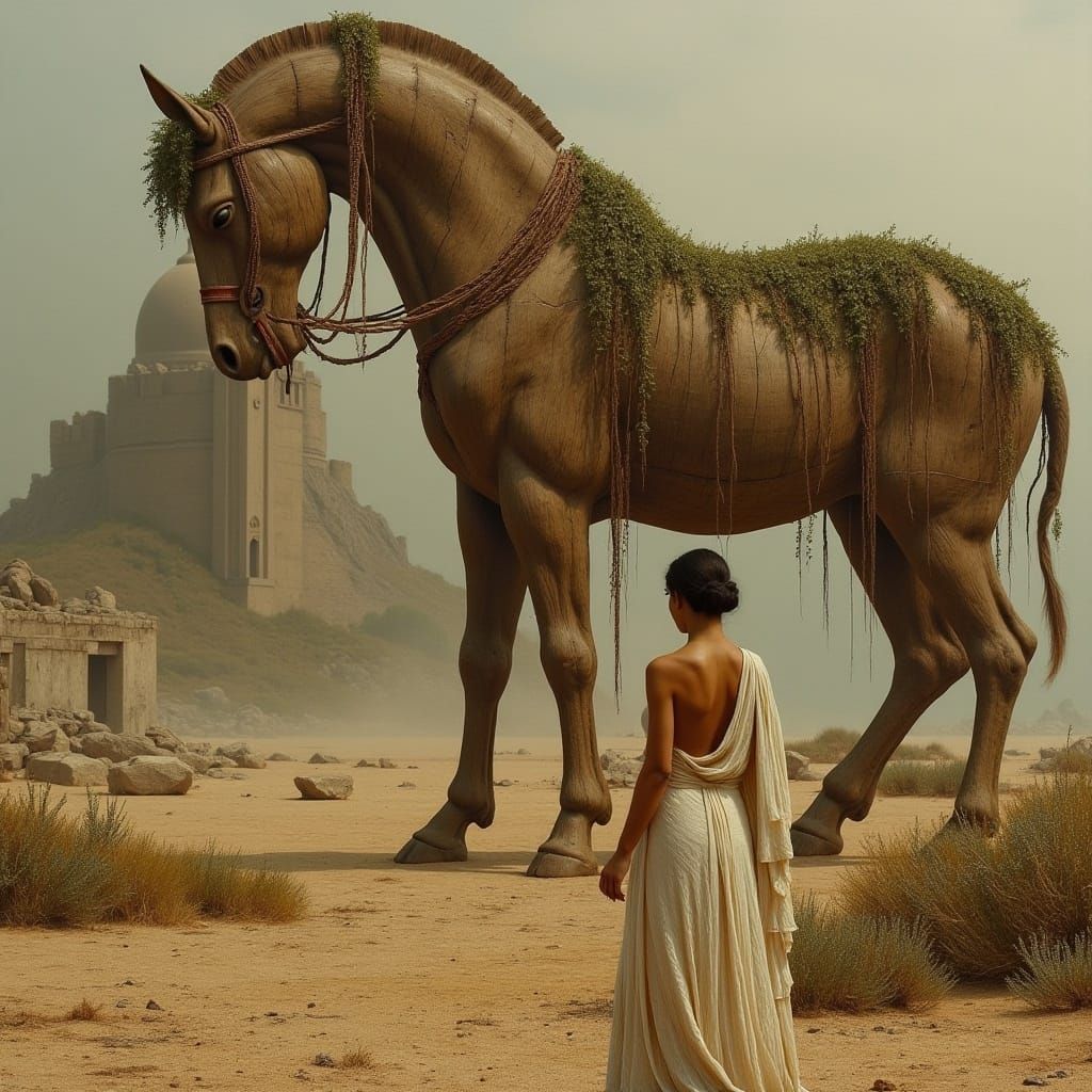 Greek Woman Amidst Ruins of Trojan Horse