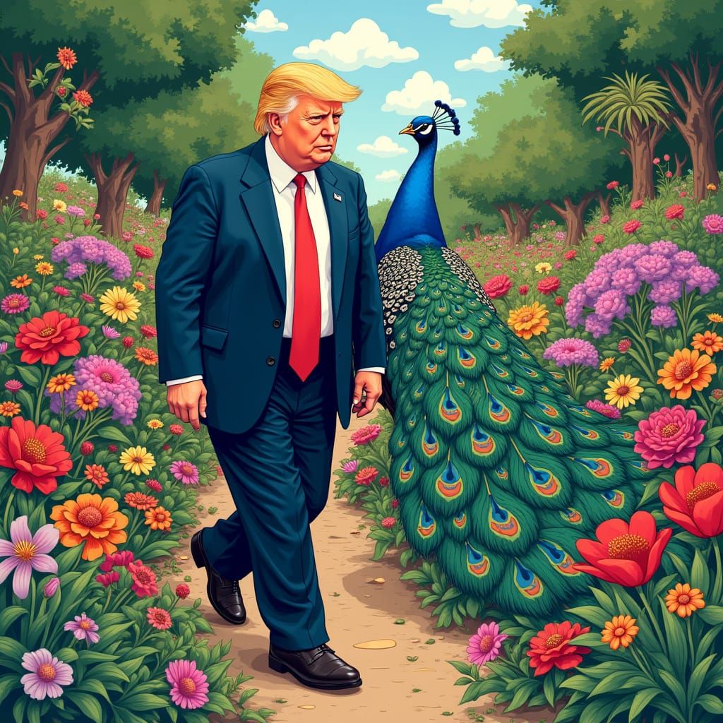 Donald Trump and Peacock in Whimsical Garden Art