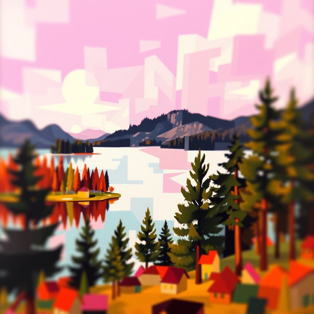 Lake of Chambon in Vibrant Cubist Style