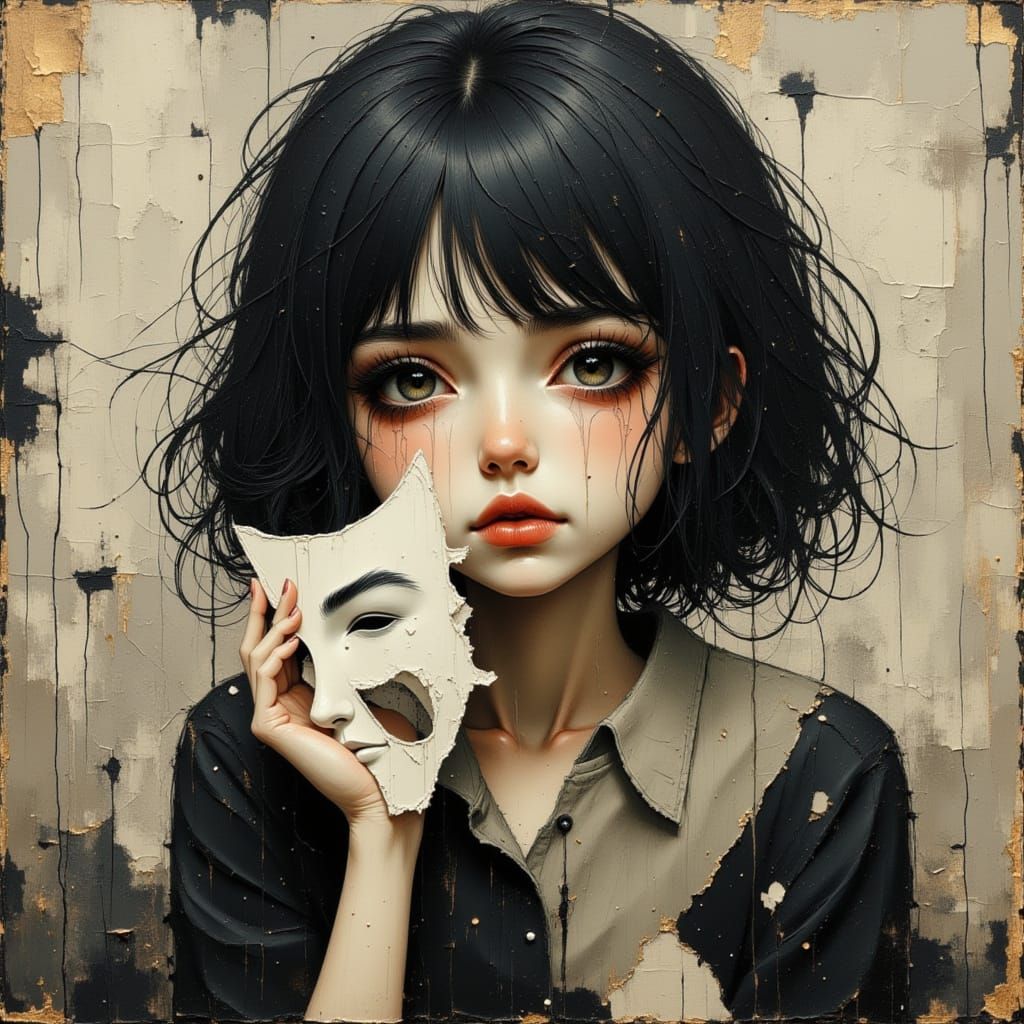 Sad Girl With Happy Mask, AI Art