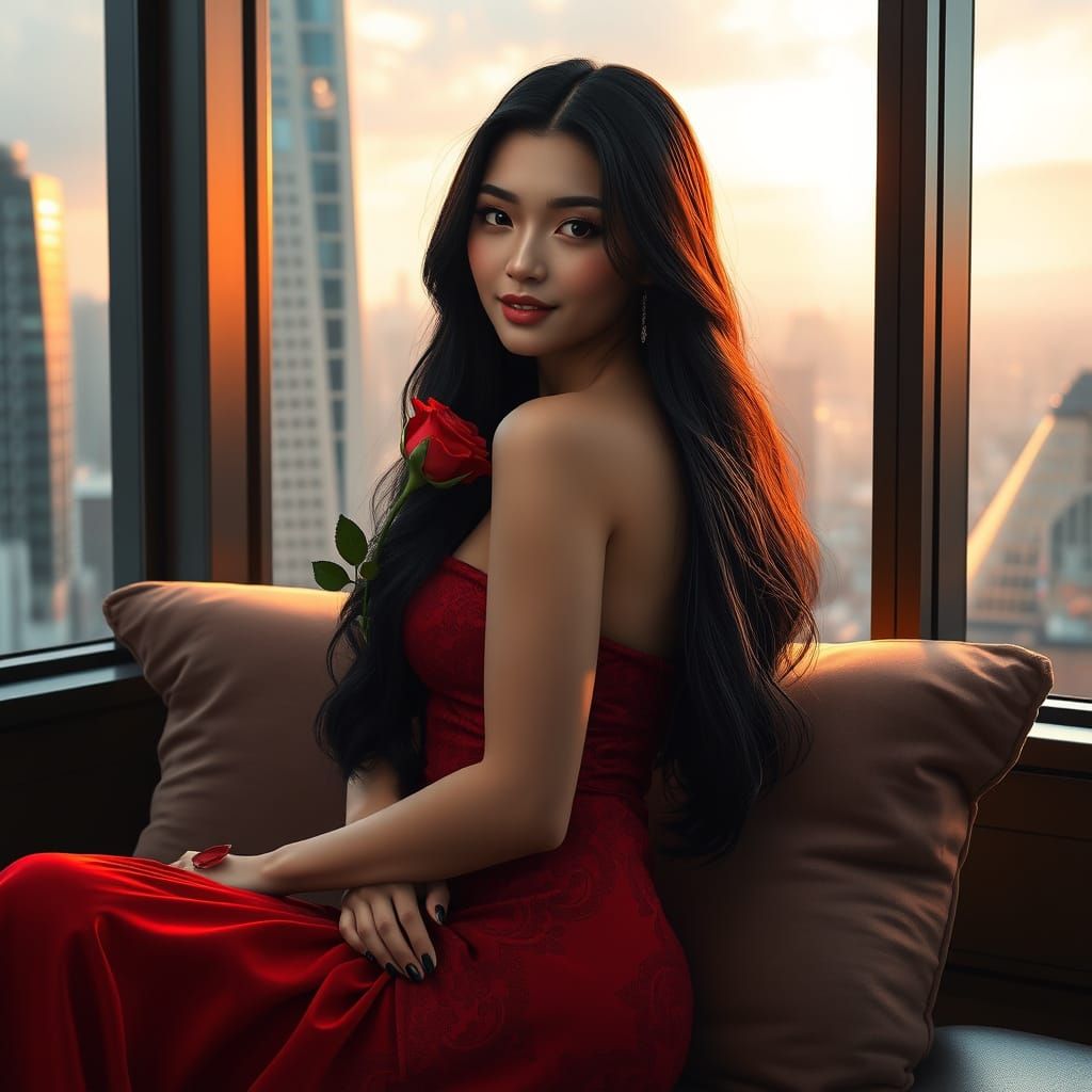 Serene City Goddess in Red Attire, Surrounded by Urban Wonde...