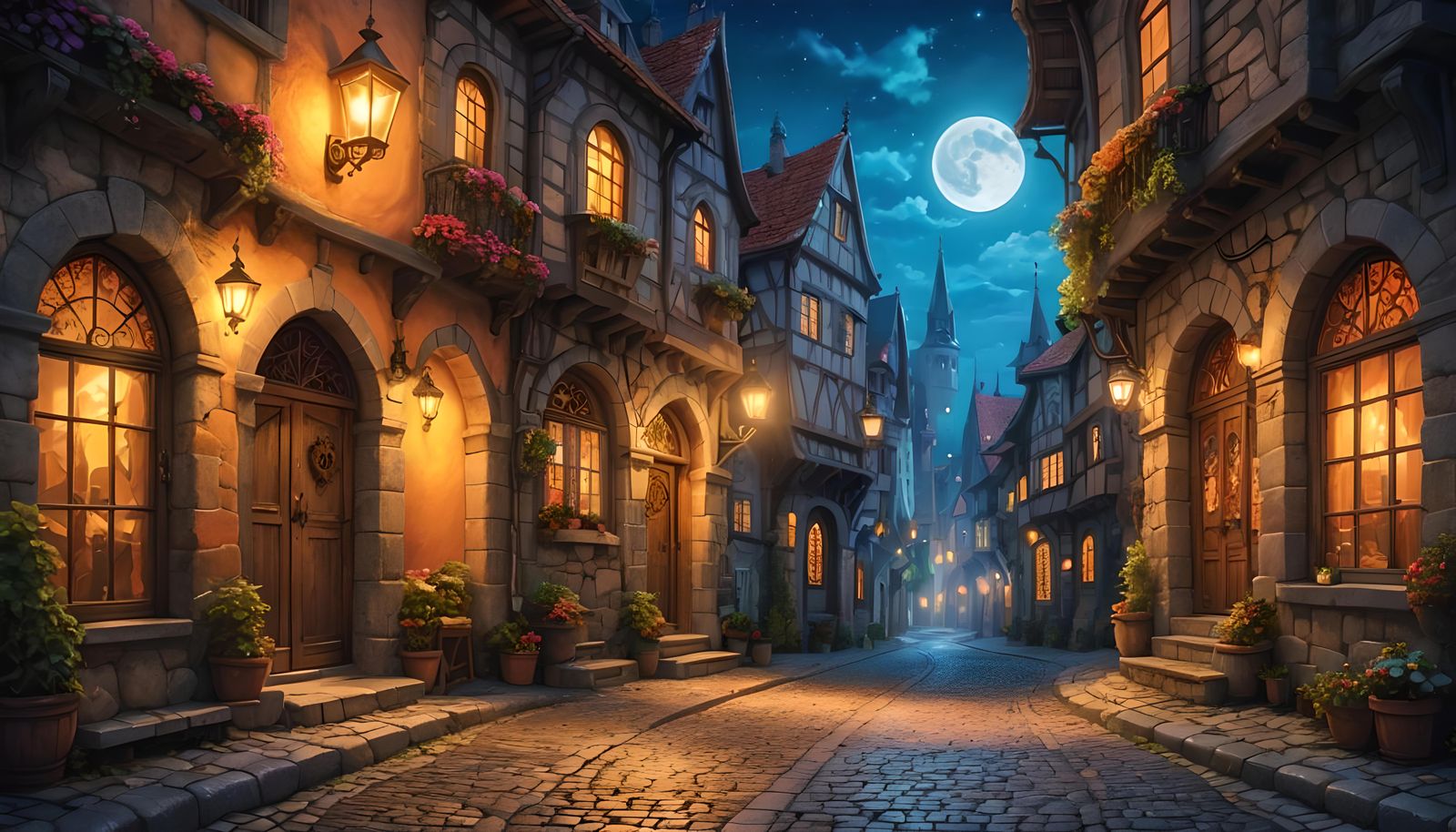 Enchanting Fantasy Town at Night with Glowing Lights