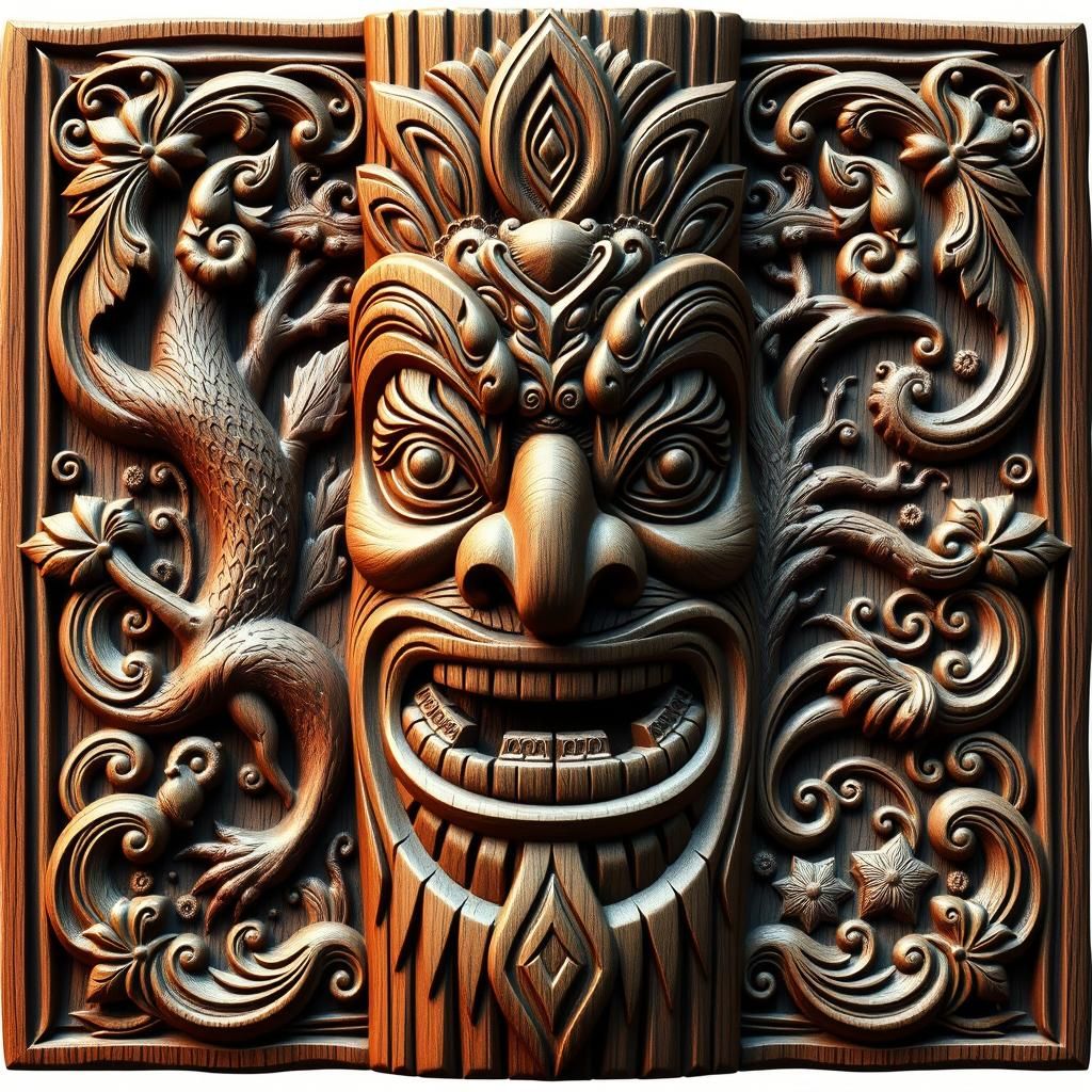 Detailed Hand-Carved Wooden Totem With Forest Scene