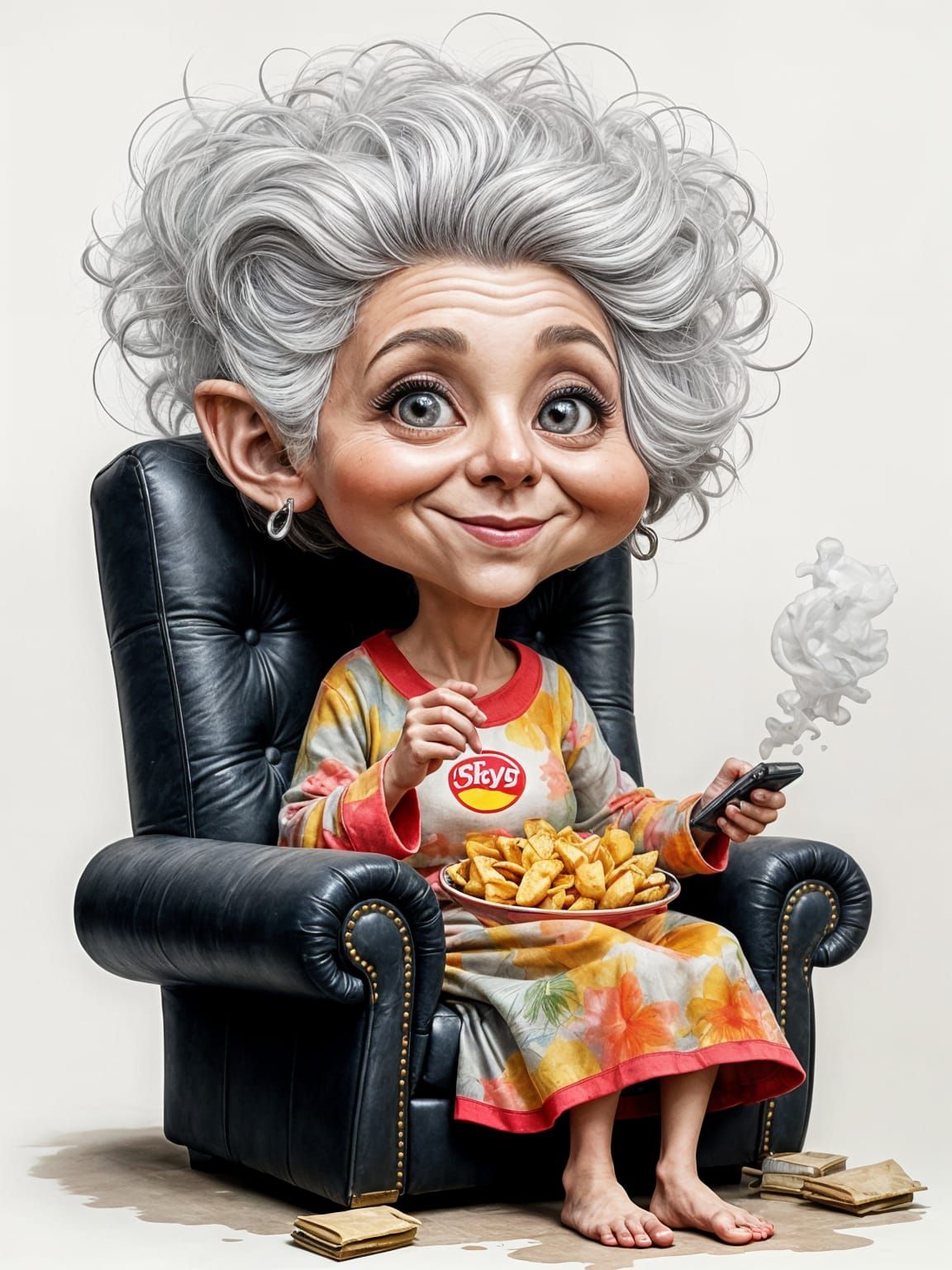 Whimsical Caricature of Old Lady in Recliner