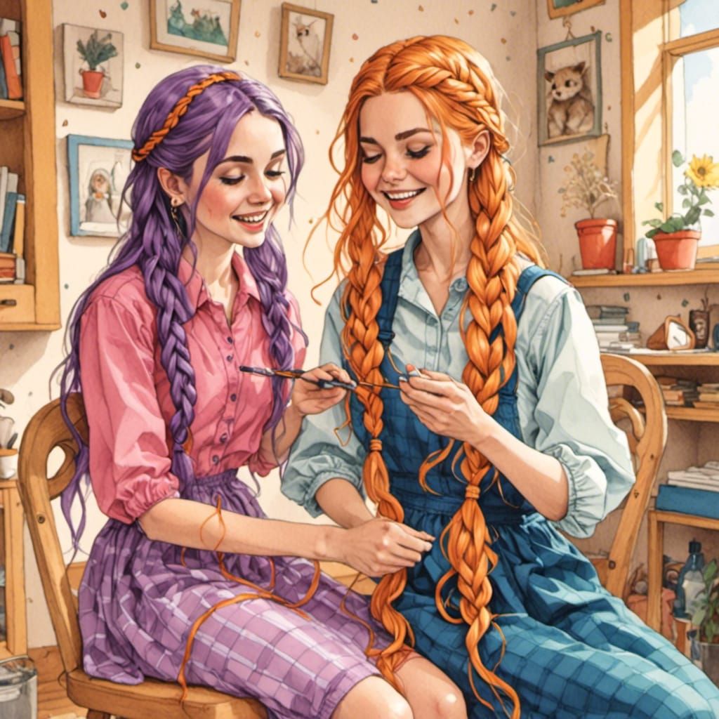 Cartoon Girls Braiding Hair in Alternate Reality