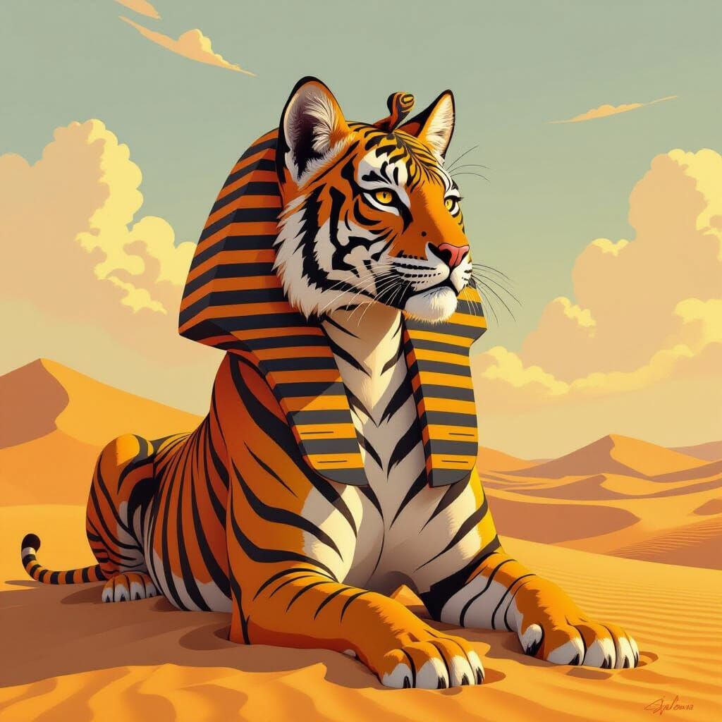 Tiger-Striped Sphinx in Stylized Digital Art