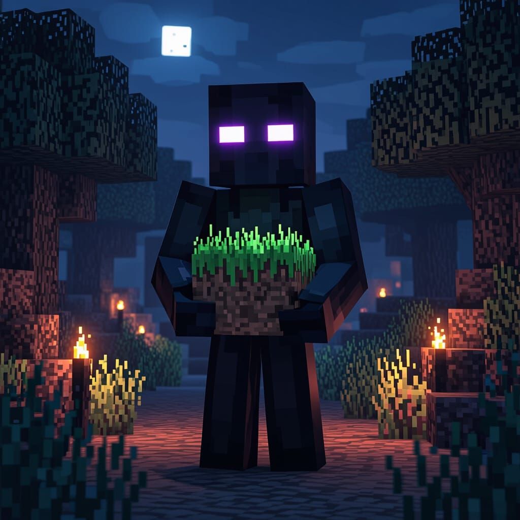 Enderman in Eerie Forest, Classic Minecraft Art Style