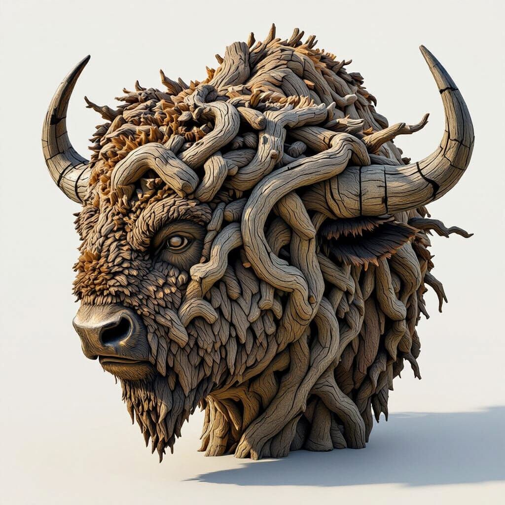 Bison Head Sculpture Crafted from Weathered Tree Bark
