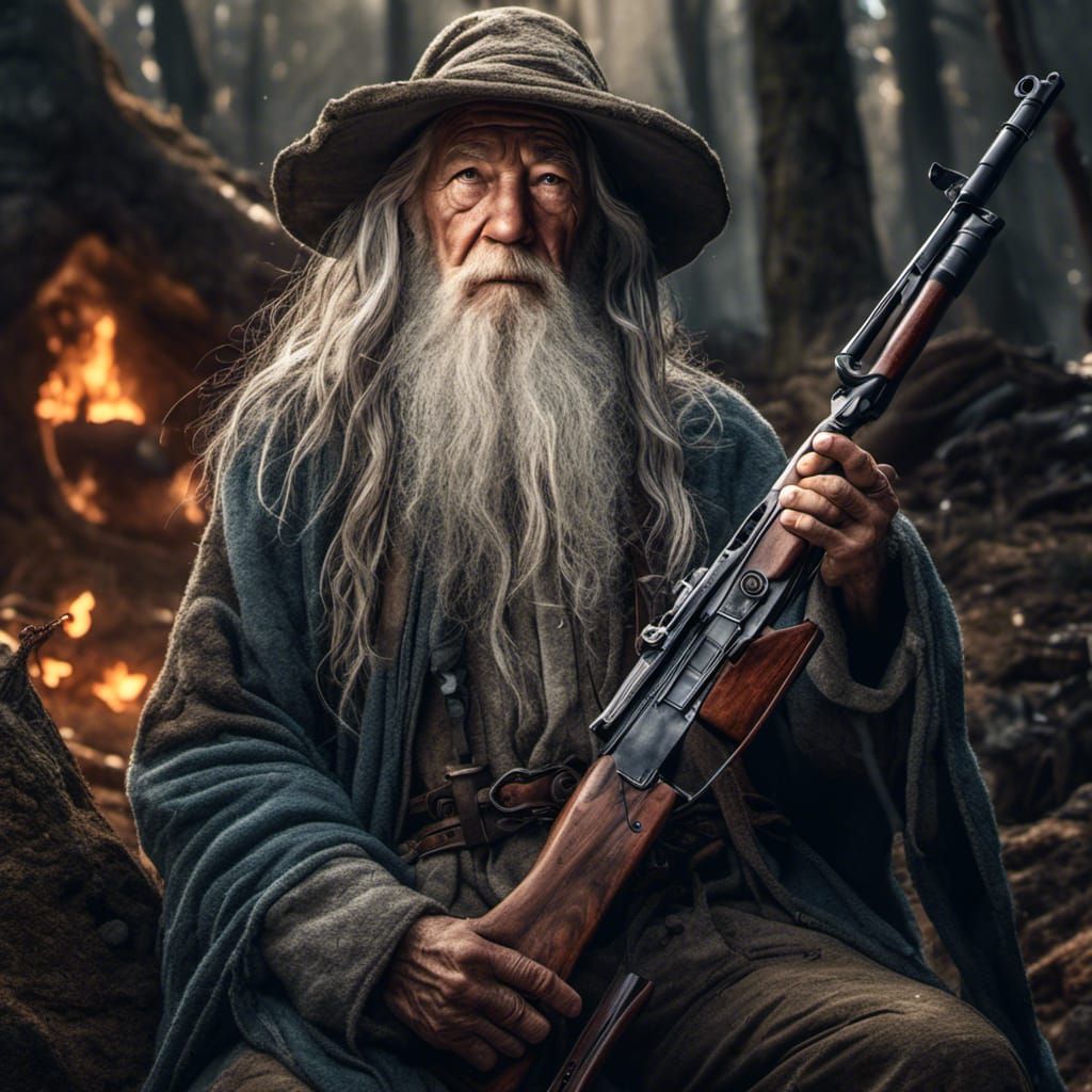 Hyperrealistic Gandalf with an AK-47
