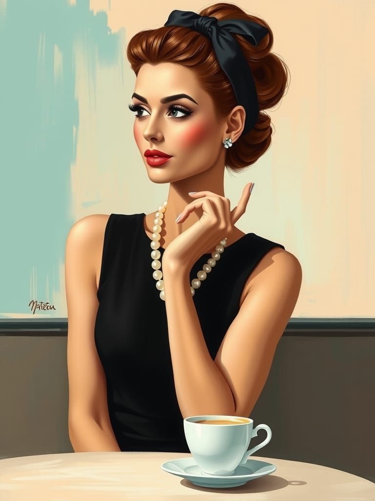 Glamorous Woman at Café: A Stylized Vintage Painting