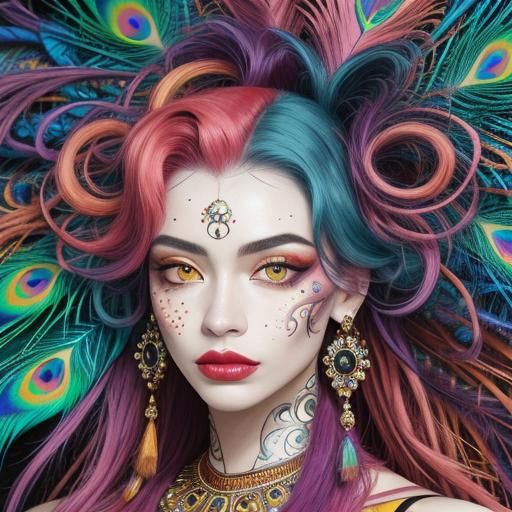 Abstract Expressionist Portrait with Peacock Feathers