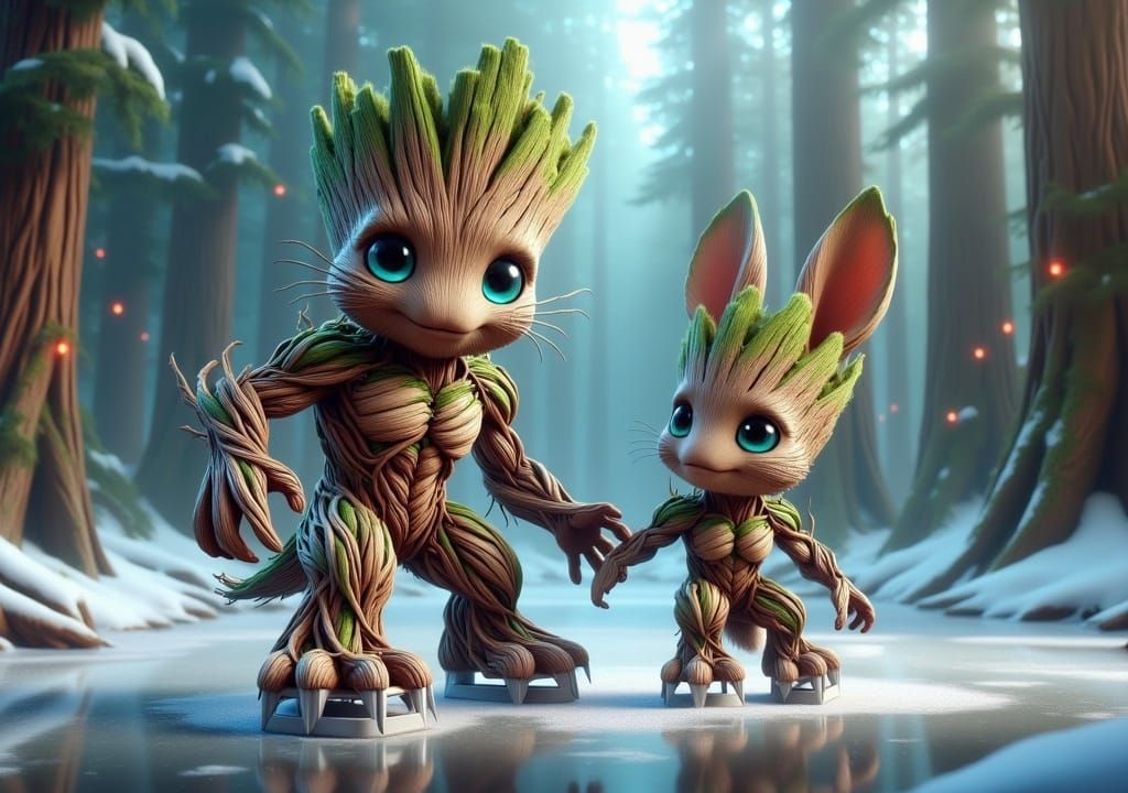 Cute Chibi Groot Rabbits Ice Skating on Lake