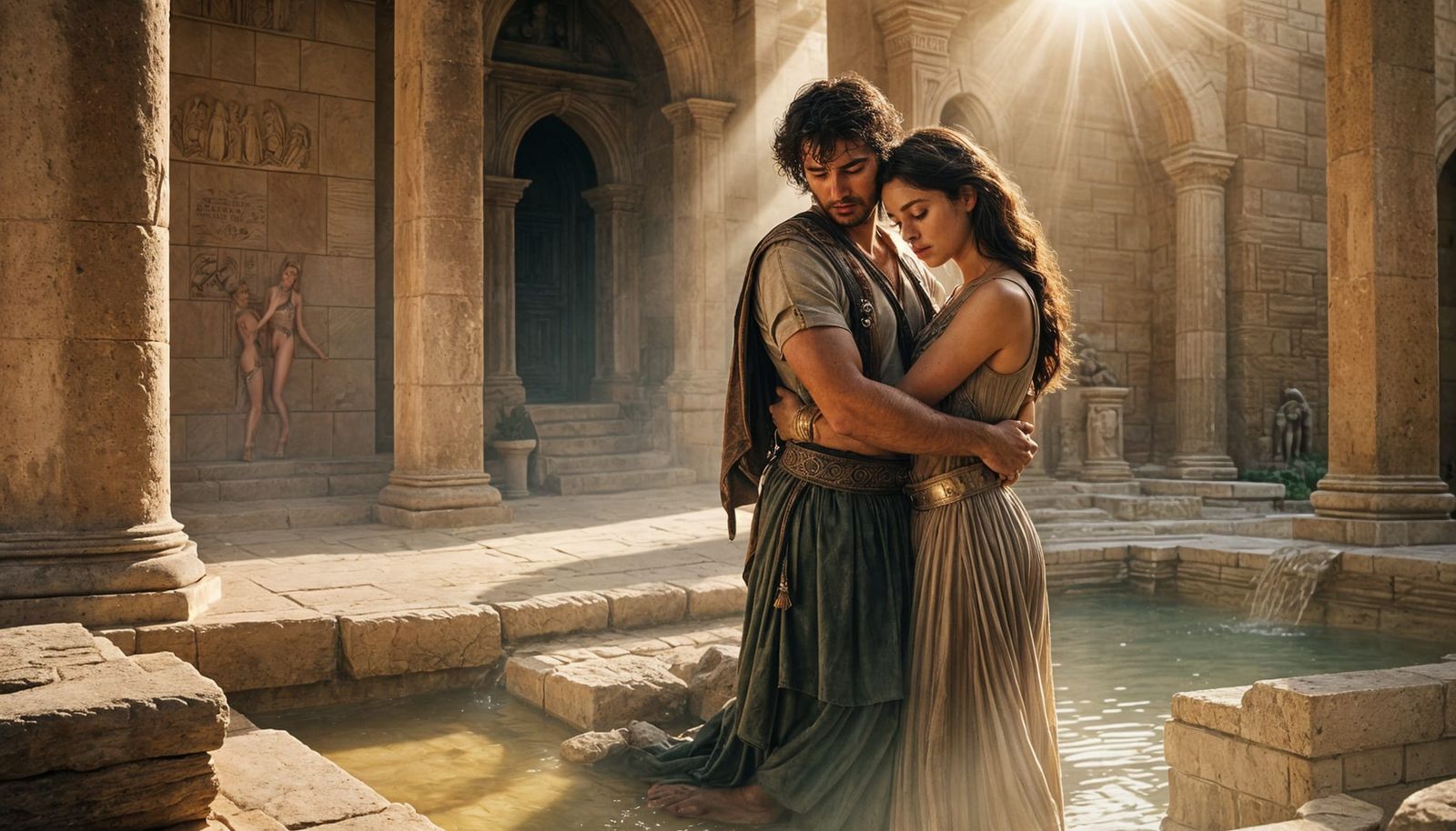 Ancient Warrior's Tender Moment in King Solomon's Palace