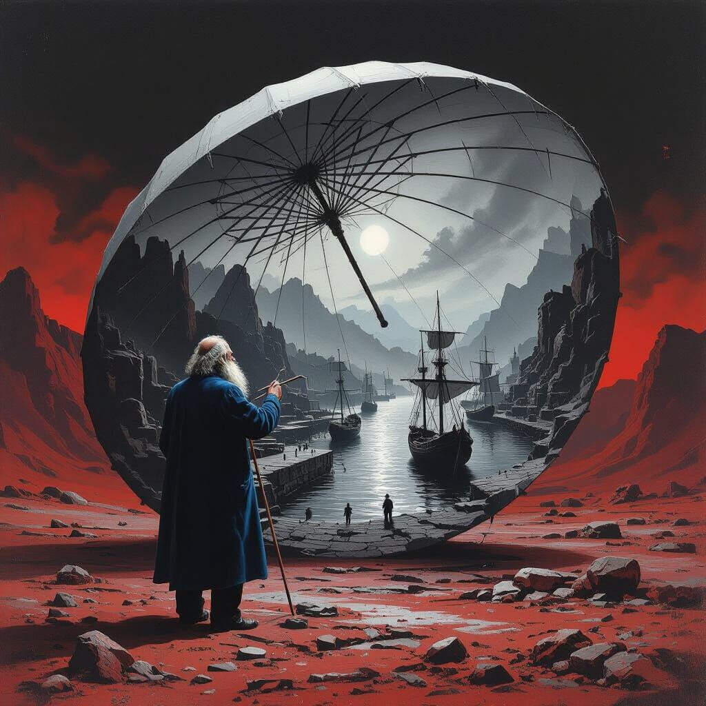 Man Paints Harbor Scene Inside Giant Parasol, Ethereal Art