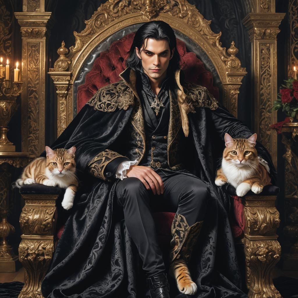 Vampire Prince on Throne with Bengal Cats