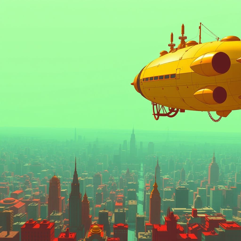 Steampunk Airship Soars Over Vintage Cityscape