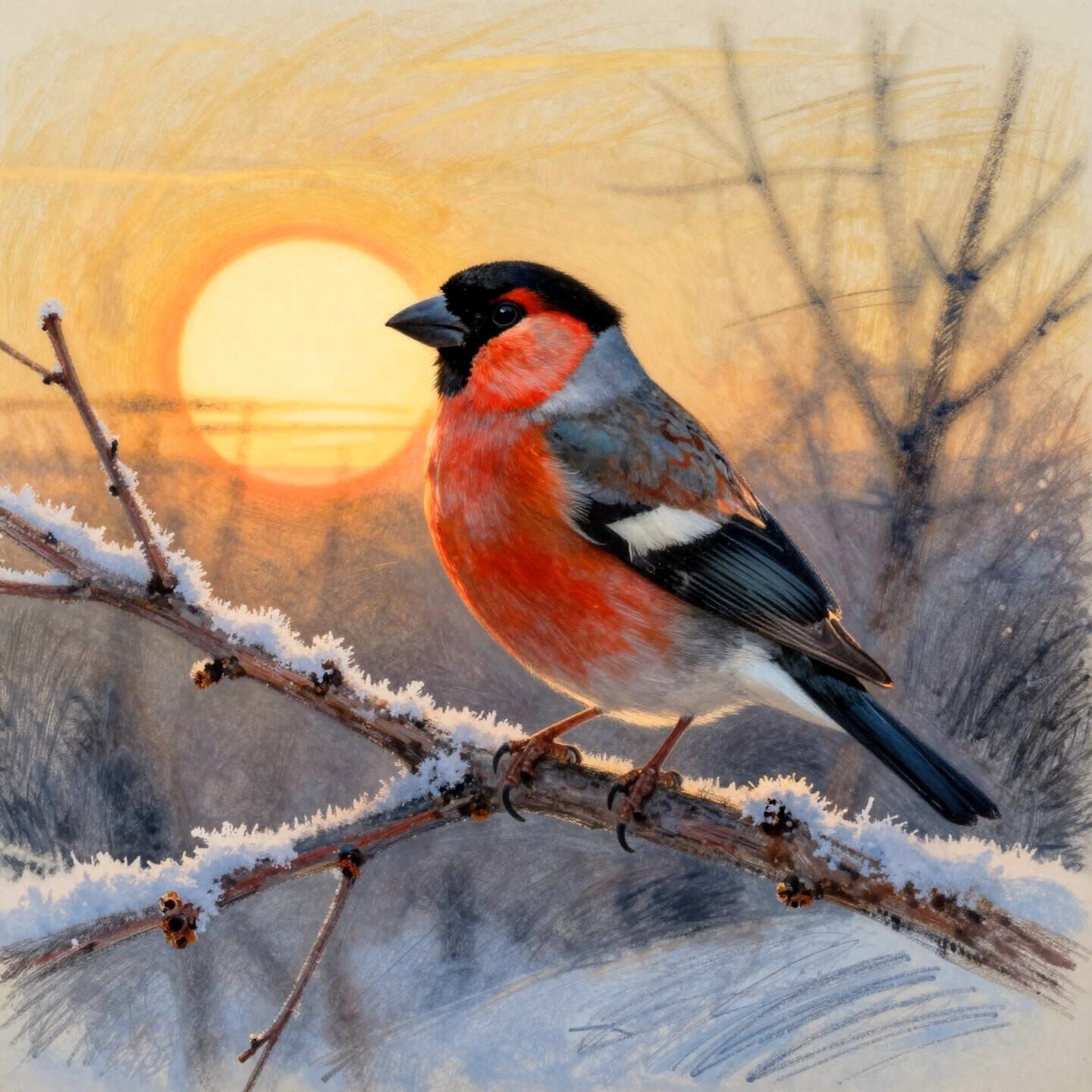 Surreal Golden Hour Bullfinch in Winter Landscape