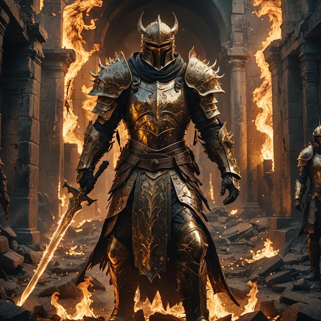 Mystical Warrior in Scorched Armor Amidst Fiery Ruins