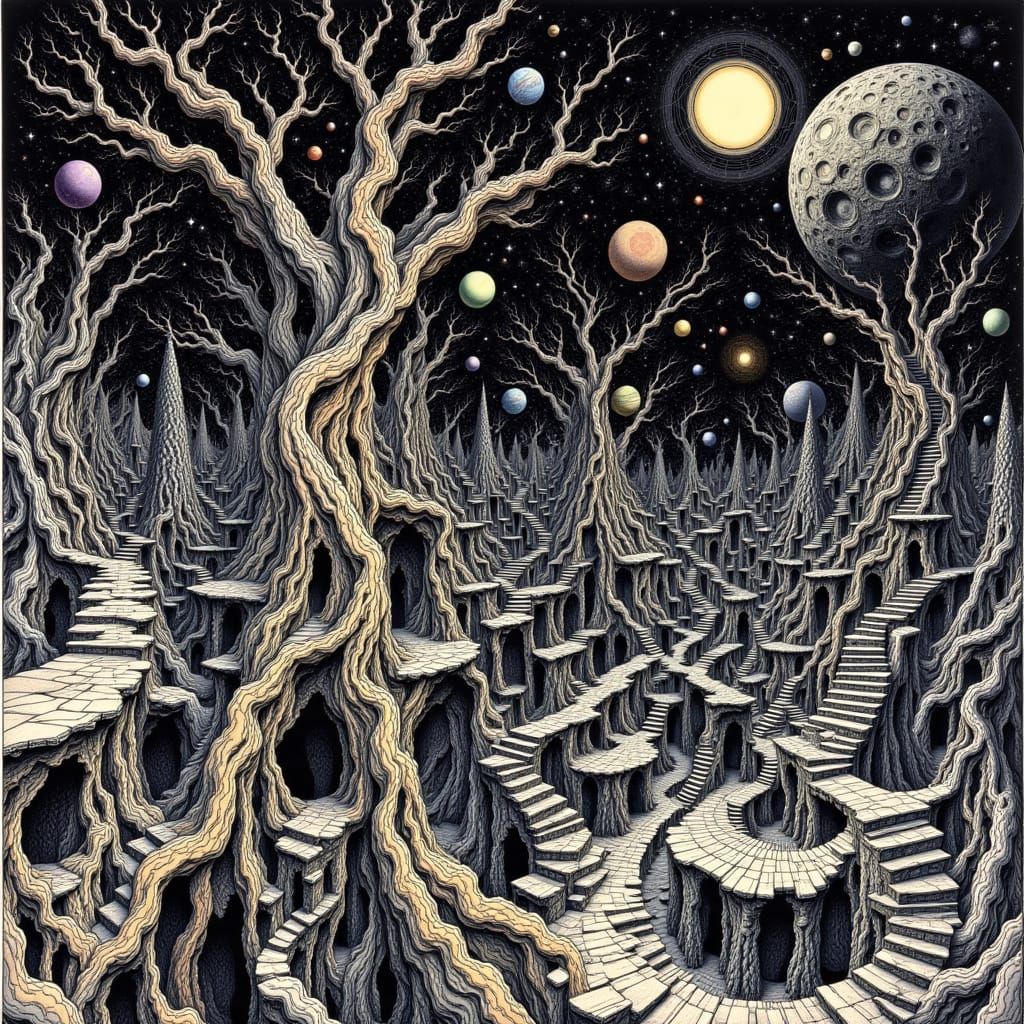 Escher-Style Portrait with Paradoxical Inky Artscape