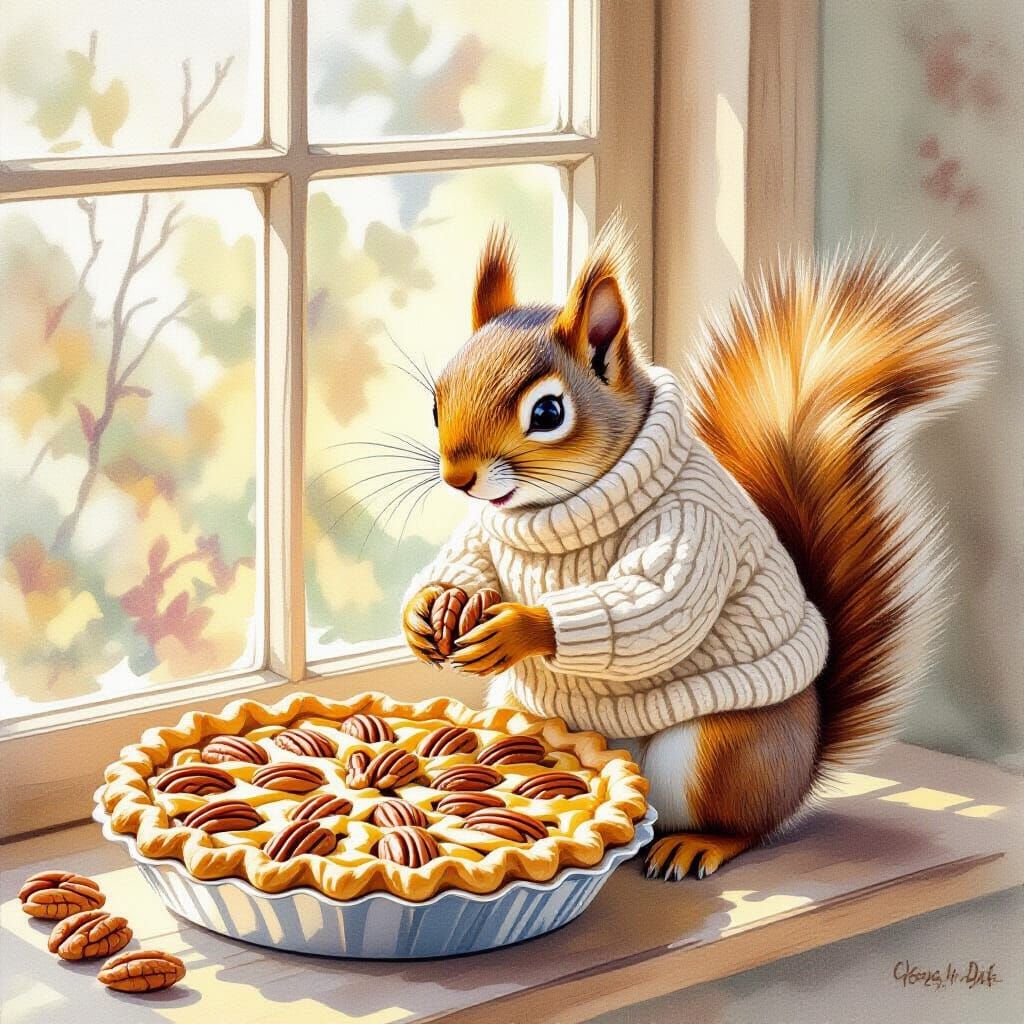 Squirrel in Sweater Stealing Pie, Watercolor Style