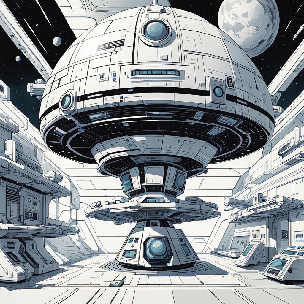 Retro Sci-Fi Space Station Illustration in Minimalist Style