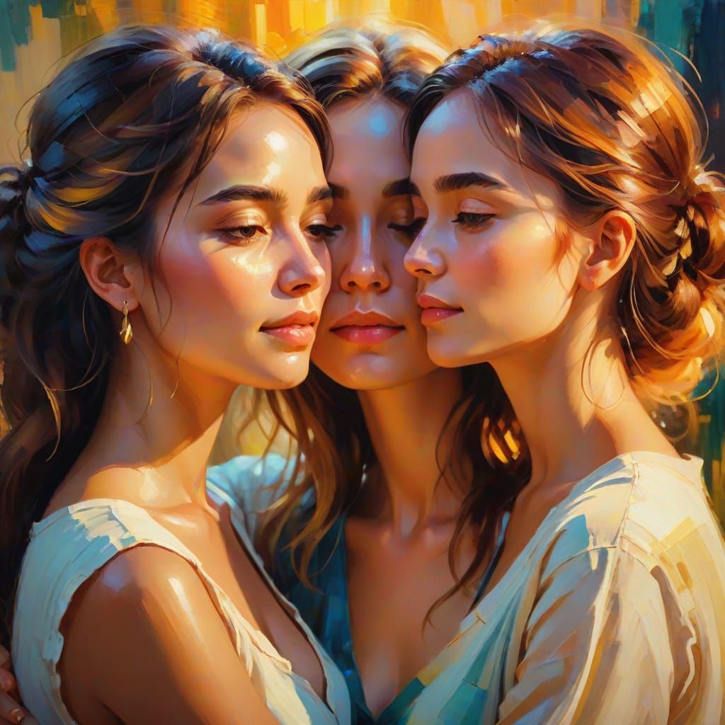 Two Women in a Warm Embrace, in Vibrant Oil Painting Style
