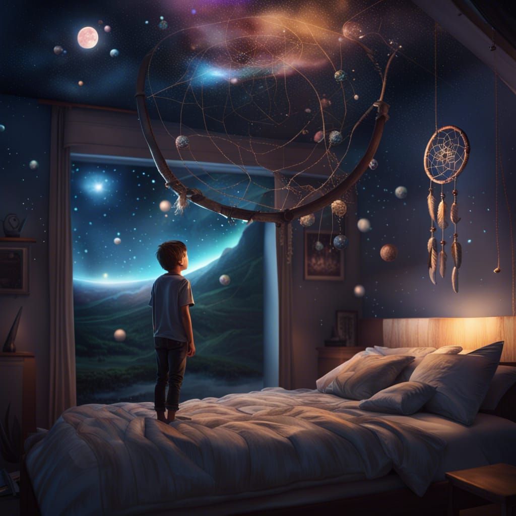 Boy Enters Dreamy Landscape Under Starry Sky