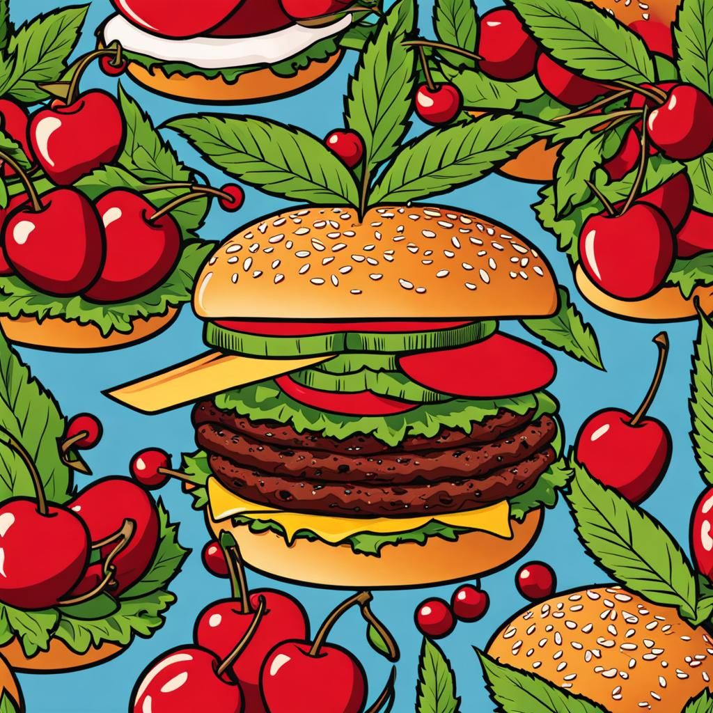 Surreal Cherry Burger with Fries and Pot Leaf