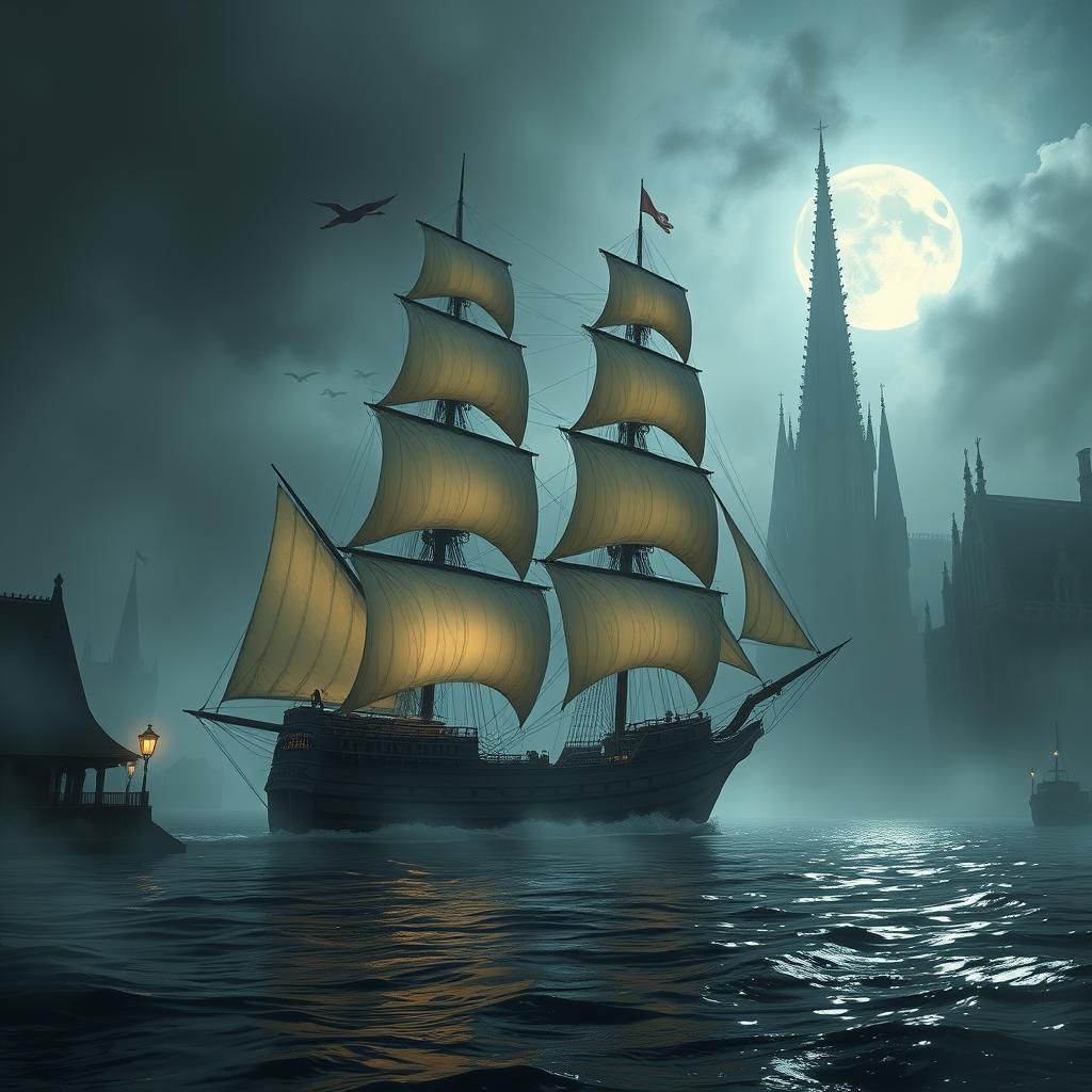 Majestic Ship Docks in Mystical Port, Romanticism Style