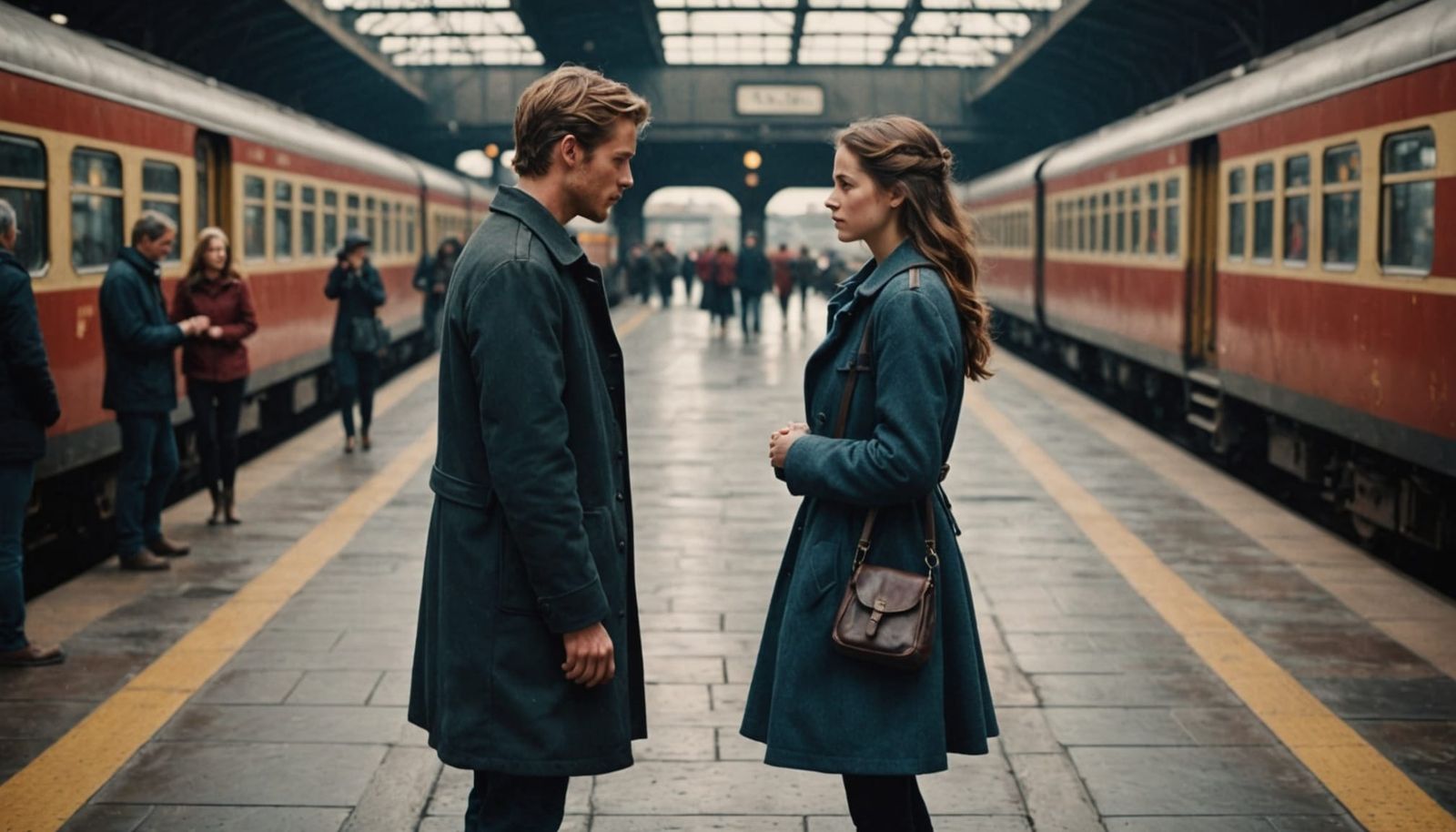 Bittersweet Goodbye at Train Station as Vintage Oil Painting