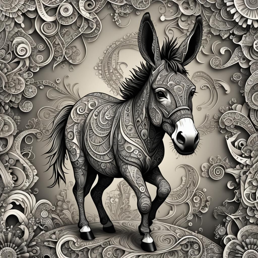 Abstract Fractal Donkey with Zentangle Elements