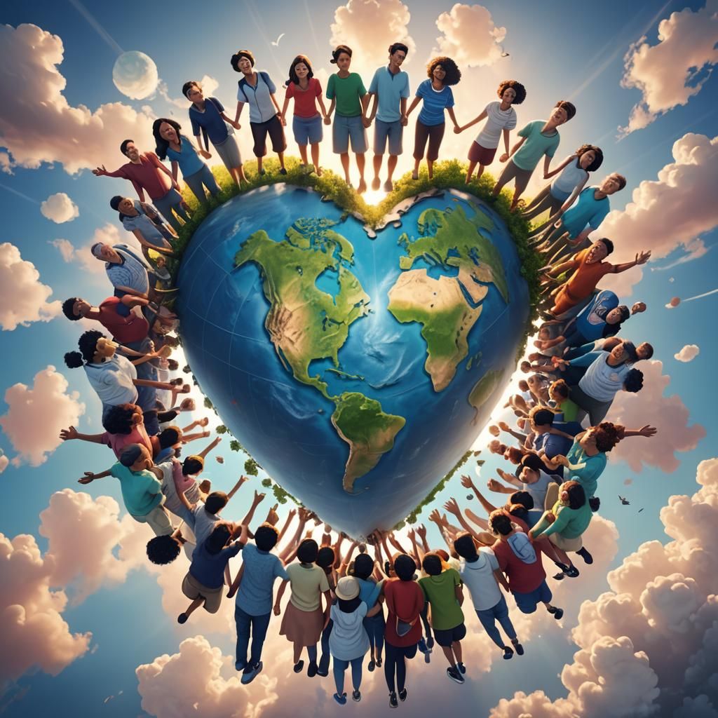 Heart-Shaped Earth with People in 3D Digital Art