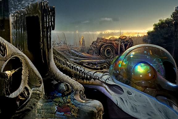 Holographic Alien orb assessing the coastal debris and landfill in a post apocalyptic sci-fi landscape