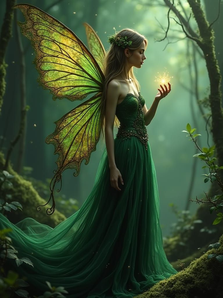 Ethereal Fairy in Deep Forest Green: Dark Fantasy